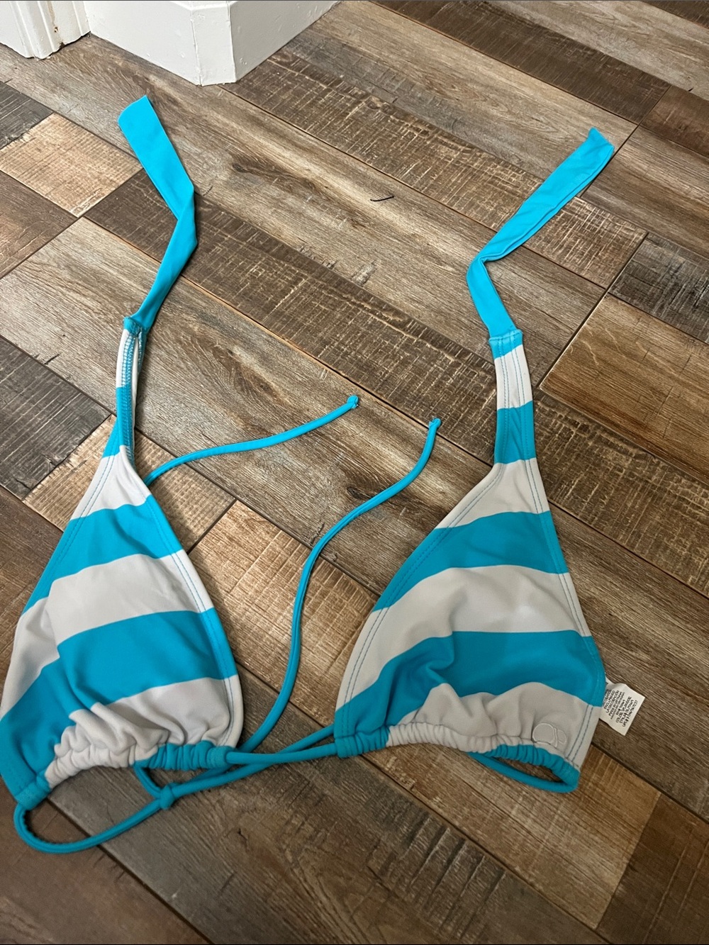 OP Teal and White Striped Triangle Bikini Top